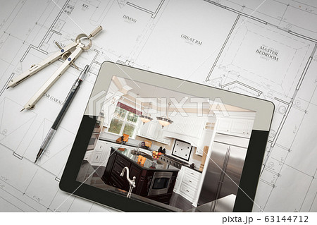 Computer Tablet Showing Kitchen Illustration On House Plans, Pencil, Compass. 63144712