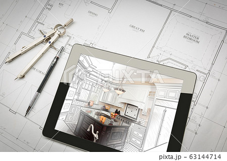 Computer Tablet Showing Kitchen Illustration On House Plans, Pencil, Compass. 63144714