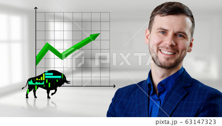 Happy smiling businessman near silhouette bull financial icon. Happy smiling businessman near silhouette bull financial icon. 63147323