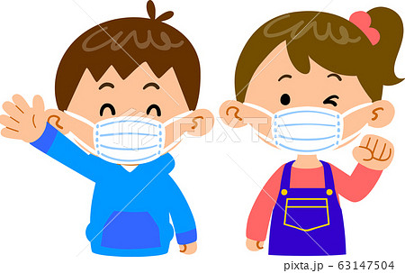 マスクをつけた男の子と女の子 上半身のイラスト素材