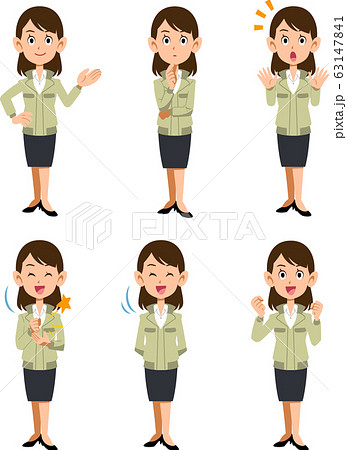 作業着を羽織った事務職の女性　6種類の表情と仕草 63147841