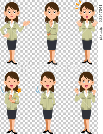 作業着を羽織った事務職の女性　6種類の表情と仕草 63147841
