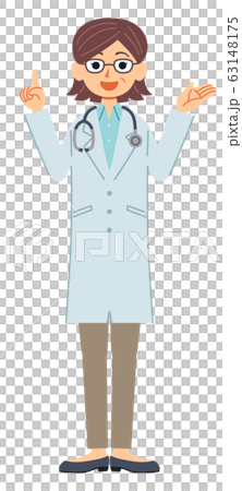 A middle-aged female doctor wearing a white coat with a gesture to explain the whole body (stethoscope) A middle-aged female doctor wearing a white coat with a gesture to explain the whole body (stethoscope) 63148175
