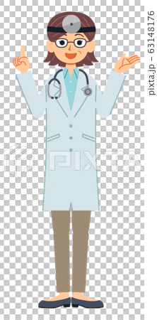 A middle-aged female doctor in a white coat with a gesture to explain the whole body (head mirror and stethoscope) 63148176