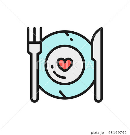 Healthy food, plate with fork and knife, restaurant menu flat color line icon. 63149742