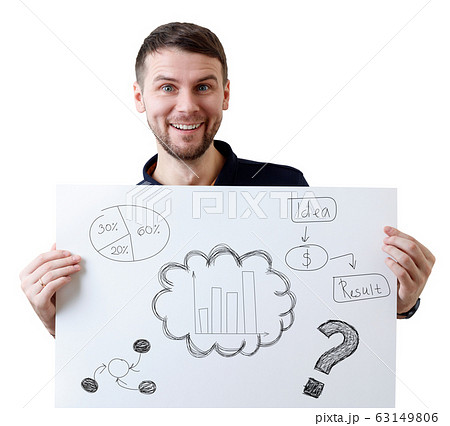 Smiling businessman holds white banner with different icons. Smiling businessman holds white banner with different icons. 63149806