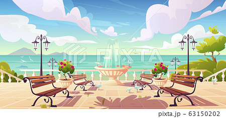 Summer seafront with fountain and benches Summer seafront with fountain and benches 63150202