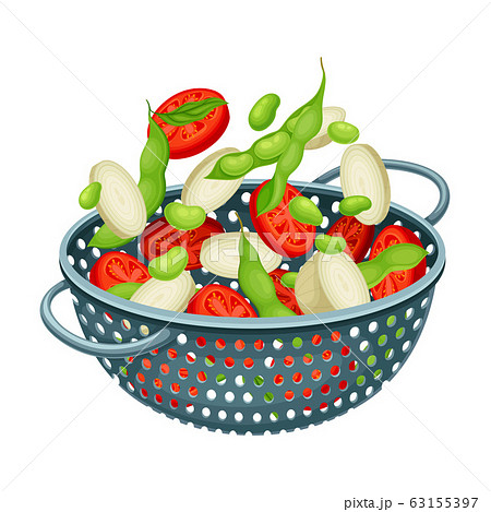 Metal Kitchen Colander or Strainer with Sliced Vegetables Inside Vector Illustration Metal Kitchen Colander or Strainer with Sliced Vegetables Inside Vector Illustration 63155397