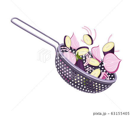 Kitchen Colander or Strainer Made of Stainless Steel with Sliced Vegetables Inside Vector Illustration 63155405