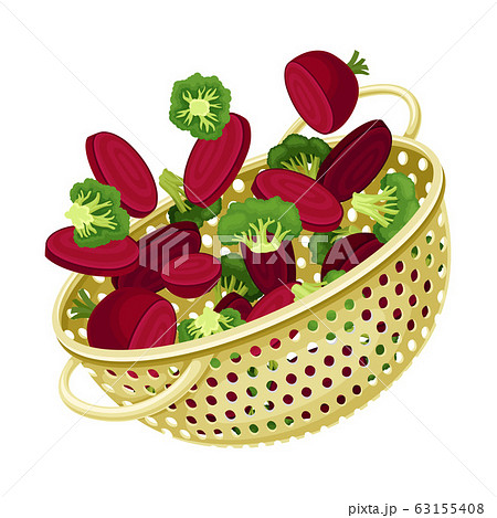 Kitchen Colander or Strainer Made of Plastic with Sliced Vegetables Inside Vector Illustration 63155408