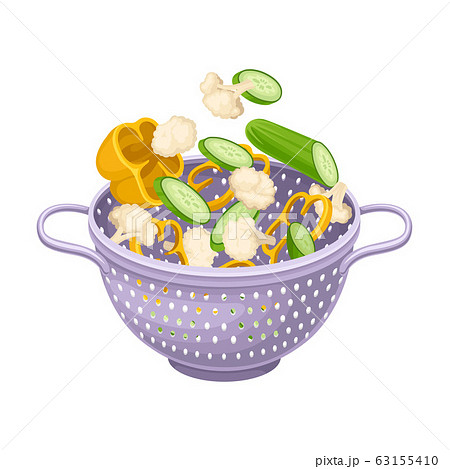 Kitchen Colander or Strainer Made of Stainless Steel with Sliced Vegetables Inside Vector Illustration 63155410