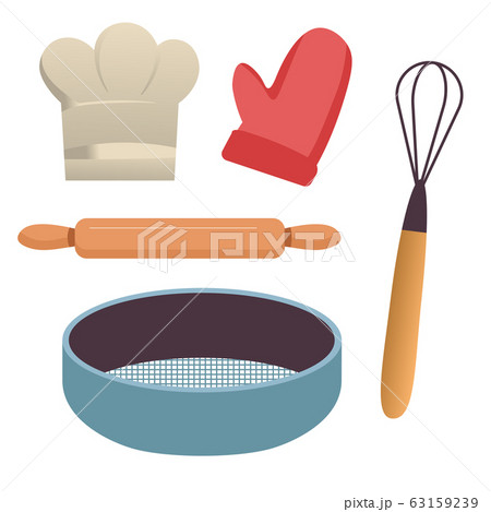 Baking tools, kitchen equipment, sieve and rolling pin, whisk and potholder 63159239