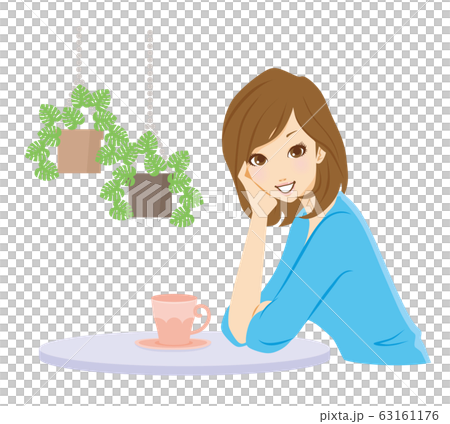 頬杖　女性　笑顔　ティータイム 63161176