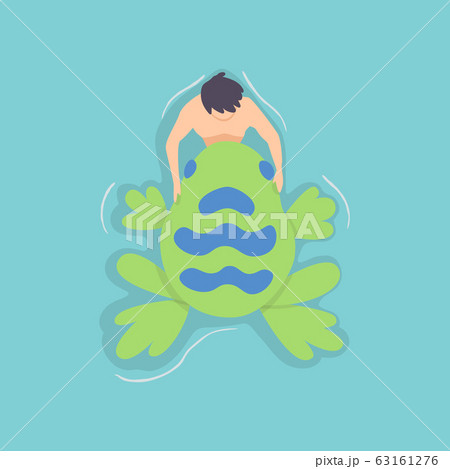 Top view persone floating on air mattress in swimming pool. Men relaxing and sunbathing on inflatable frog shape. Vector Illustration Top view persone floating on air mattress in swimming pool. Men relaxing and sunbathing on inflatable frog shape. Vector Illustration 63161276