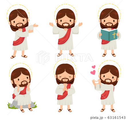 Jesus Christ clipart set. A collection of cute smiling Jesus cartoons over white background. Jesus Christ clipart set. A collection of cute smiling Jesus cartoons over white background. 63161543