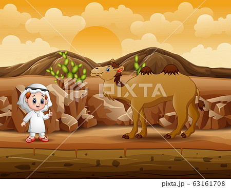Arab boys with camel walking in the desert 63161708