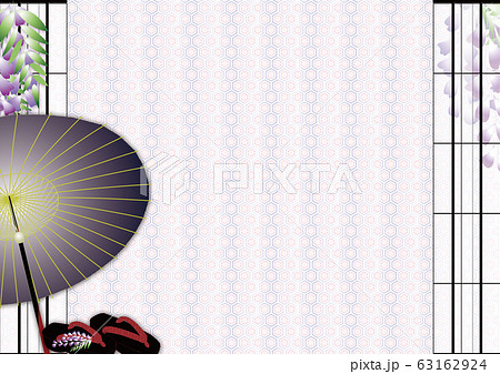 藤の花と番傘に赤い鼻緒の下駄のイラスト横スタイル背景素材のイラスト素材