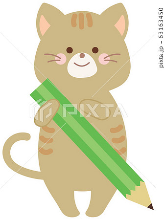 鉛筆を持つネコのイラストのイラスト素材