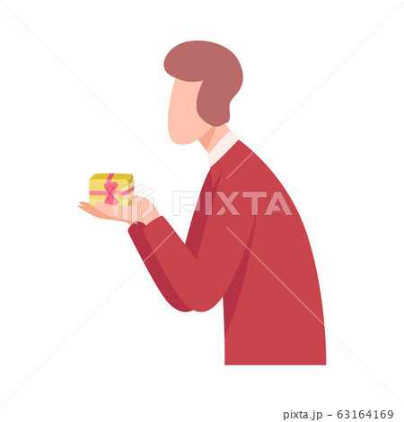 Young Man Holding Gift Box, Side View Flat Vector Illustration Young Man Holding Gift Box, Side View Flat Vector Illustration 63164169