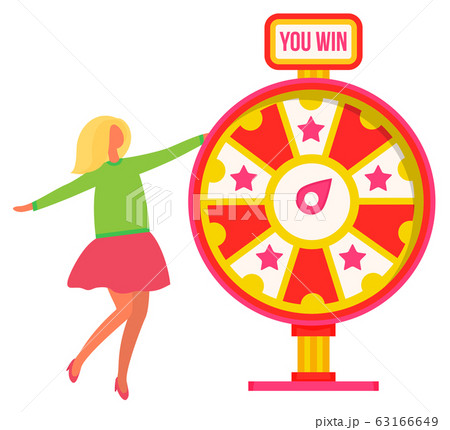 Lucky Woman Standing Near Wheel Fortune And Winning Lucky Woman Standing Near Wheel Fortune And Winning 63166649