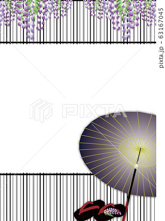 藤の花が垂れる格子戸に紺の番傘と下駄のイラスト縦スタイル背景素材のイラスト素材