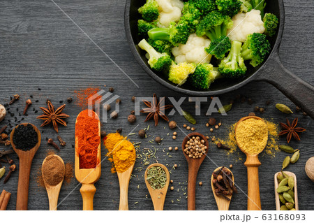 Various aromatic colorful spices and herbs 63168093