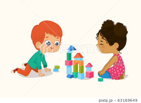 Preschool Red Hair Boy and African American Girl Kids playing with wooden bricks and blocks together in kindergarten room. Vector illustration isolated on white background 63169649