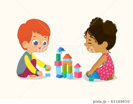 Preschool Red Hair Boy and African American Girl Kids playing with wooden bricks and blocks together in kindergarten room. Vector illustration isolated on white background 63169650