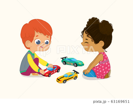 Illustration of Cute Boy and Girl Playing with Their Toys Cars. Red hair boy shows and shares his Toy Cars to His African-American Friend 63169651