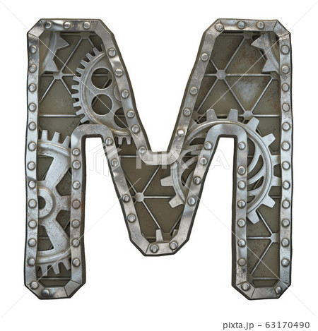 Mechanical alphabet made from rivet metal with gears on white background. Letter M. 3D 63170490