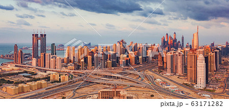 Aerial view of Dubai Downtown skyline, highway Aerial view of Dubai Downtown skyline, highway 63171282