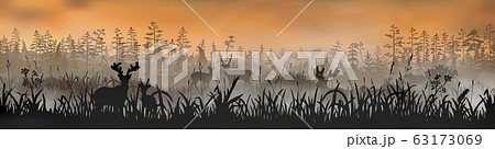 The family of deers stands on the grass field in front of the foggy morning forest. Vector long side 63173069