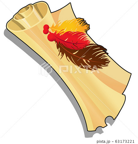 A scroll with a message with colored feathers isolated on a white background. Vector cartoon close-up illustration. A scroll with a message with colored feathers isolated on a white background. Vector cartoon close-up illustration. 63173221