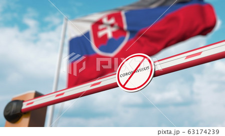 Closing boom barrier with STOP CORONAVIRUS sign against the Slovak flag. Quarantine in Slovakia. 3D rendering  63174239