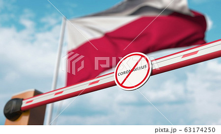 Closed boom gate with STOP CORONAVIRUS sign on the Polish flag background. Quarantine in Poland. 3D rendering  63174250