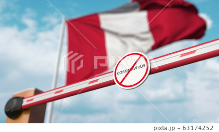 Closing boom barrier with STOP CORONAVIRUS sign against the Peruvian flag. Quarantine in Peru. 3D rendering Closing boom barrier with STOP CORONAVIRUS sign against the Peruvian flag. Quarantine in Peru. 3D rendering 63174252