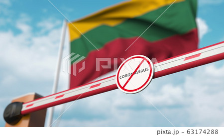 Closing boom barrier with STOP CORONAVIRUS sign against the Lithuanian flag. Quarantine in Lithuania. 3D rendering  Closing boom barrier with STOP CORONAVIRUS sign against the Lithuanian flag. Quarantine in Lithuania. 3D rendering  63174288