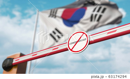 Closed boom gate with STOP CORONAVIRUS sign on the Korean flag background. Quarantine in South Korea. 3D rendering Closed boom gate with STOP CORONAVIRUS sign on the Korean flag background. Quarantine in South Korea. 3D rendering 63174294