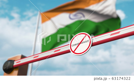 Barrier gate with STOP CORONAVIRUS sign being closed with flag of India as a background. Indian Quarantine. 3D rendering Barrier gate with STOP CORONAVIRUS sign being closed with flag of India as a background. Indian Quarantine. 3D rendering 63174322