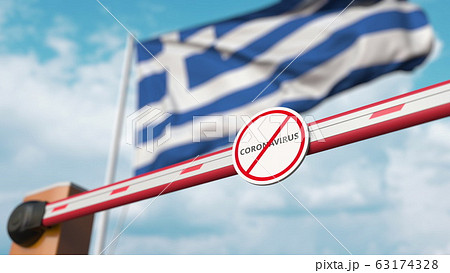 Closed boom gate with STOP CORONAVIRUS sign on the Greek flag background. Quarantine in Greece. 3D rendering Closed boom gate with STOP CORONAVIRUS sign on the Greek flag background. Quarantine in Greece. 3D rendering 63174328