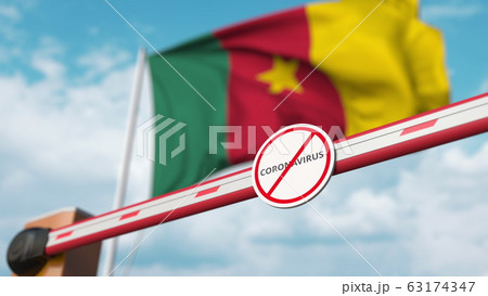 Closed boom gate with STOP CORONAVIRUS sign on the Cameroonian flag background. Quarantine in Cameroon. 3D rendering Closed boom gate with STOP CORONAVIRUS sign on the Cameroonian flag background. Quarantine in Cameroon. 3D rendering 63174347