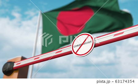 Barrier gate with STOP CORONAVIRUS sign being closed with flag of Bangladesh as a background. Bangladeshi Quarantine. 3D rendering  63174354