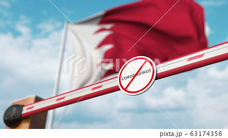 Closed boom gate with STOP CORONAVIRUS sign on the Bahraini flag background. Quarantine in Bahrain. 3D rendering  63174356