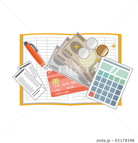 家計簿 電卓 計算機 家計 クレジットカード ノート レシートのイラスト素材