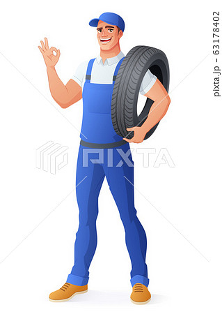Auto mechanic car service man holding tire. Vector 63178402