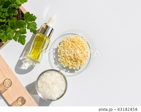 Chemicals for beauty care arranged in natural form in a white background. (Top View) Chemicals for beauty care arranged in natural form in a white background. (Top View) 63182858
