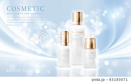 3D elegant cosmetic bottle container with shiny light blue glimmering background template banner. 63183071