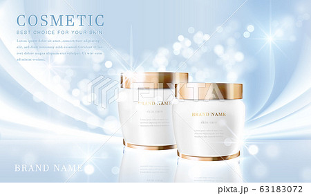 3D elegant cosmetic bottle container with shiny light blue glimmering background template banner. 63183072