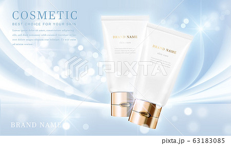 3D elegant cosmetic bottle container with shiny light blue glimmering background template banner. 63183085