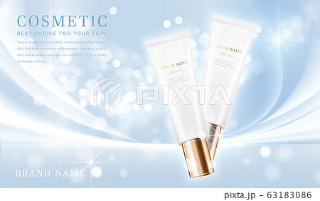 3D elegant cosmetic bottle container with shiny light blue glimmering background template banner. 63183086